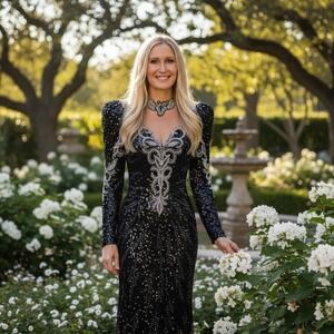 Landa Vintage Black Silk Sequin Beaded Gown Long Sleeve Formal Dress 4